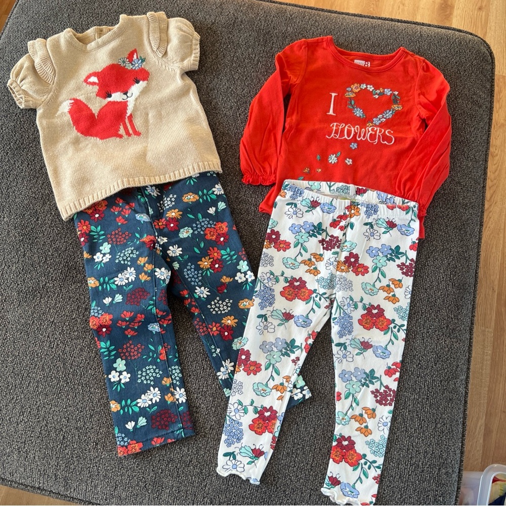 Crazy 8 Cute Fox Sweater/Jeans and Orange Top/Floral Leggings Set